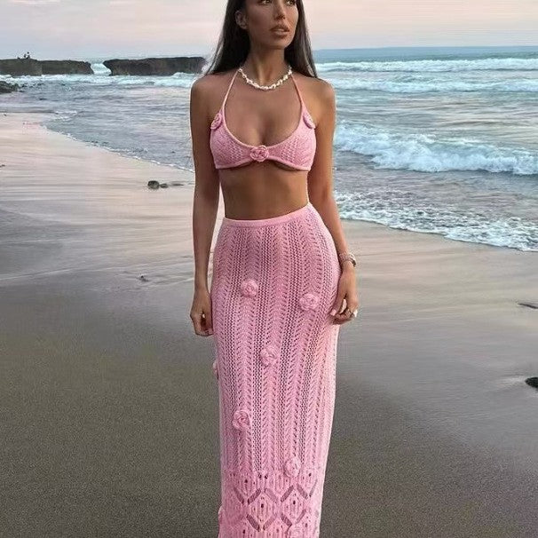 Seaside vacation bikini two-piece set, custom-made floral tie long dress, hand-hooked floral beach cover