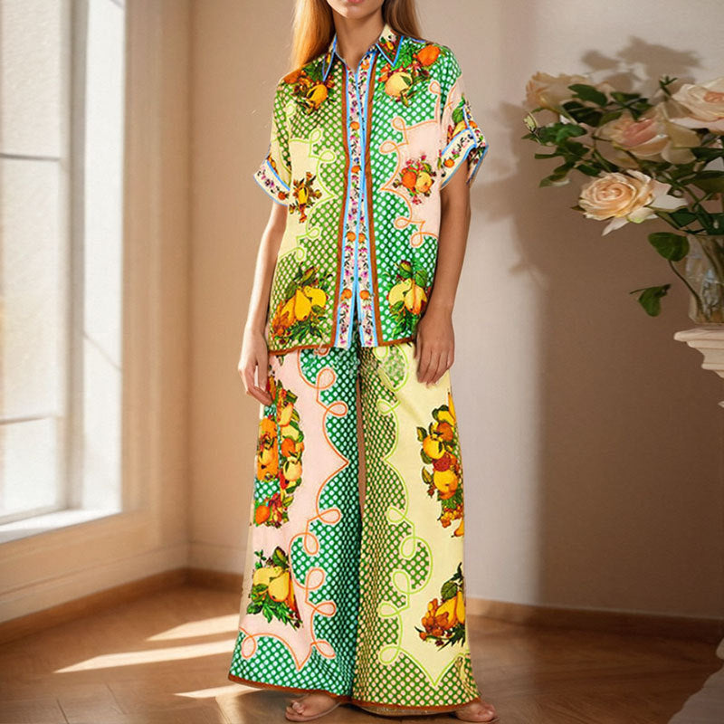 A two-piece casual women's set with printed and color-blocked designs, tight waist pockets and wide legs