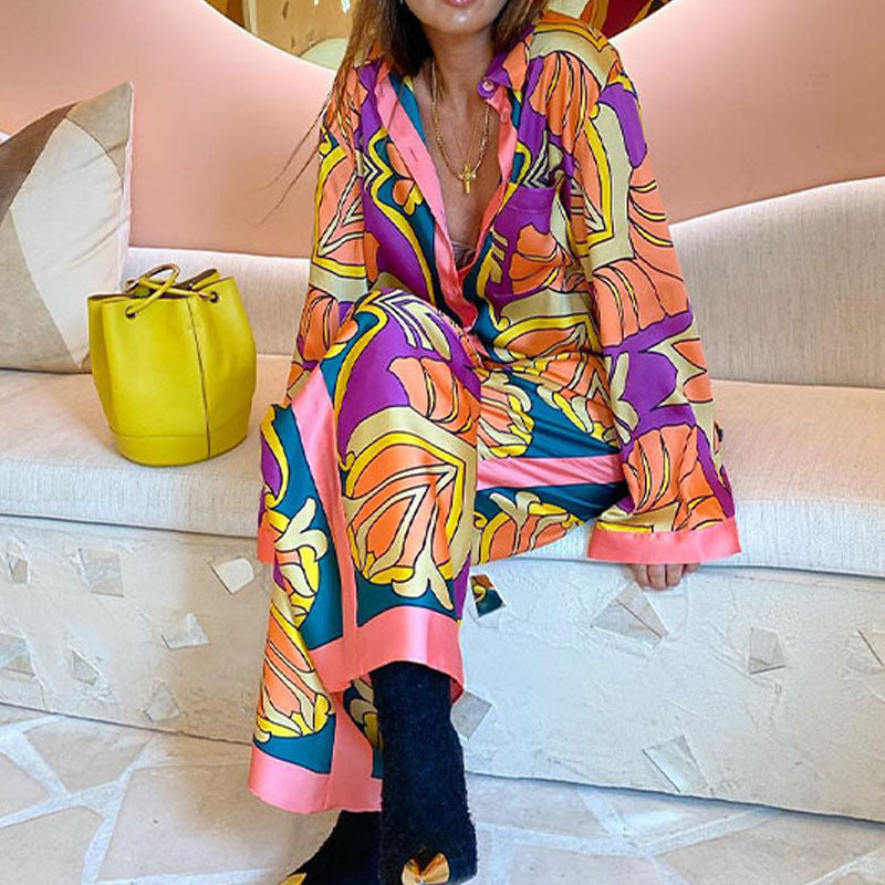 Elegant and trendy autumn printed long-sleeved shirts and long pants, casual custom-made