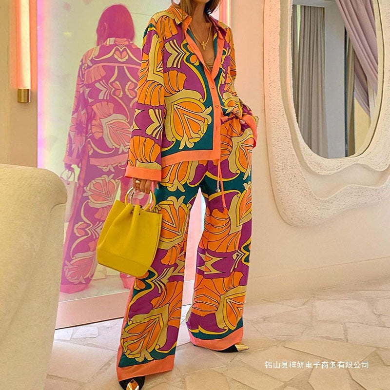 Elegant and trendy autumn printed long-sleeved shirts and long pants, casual custom-made