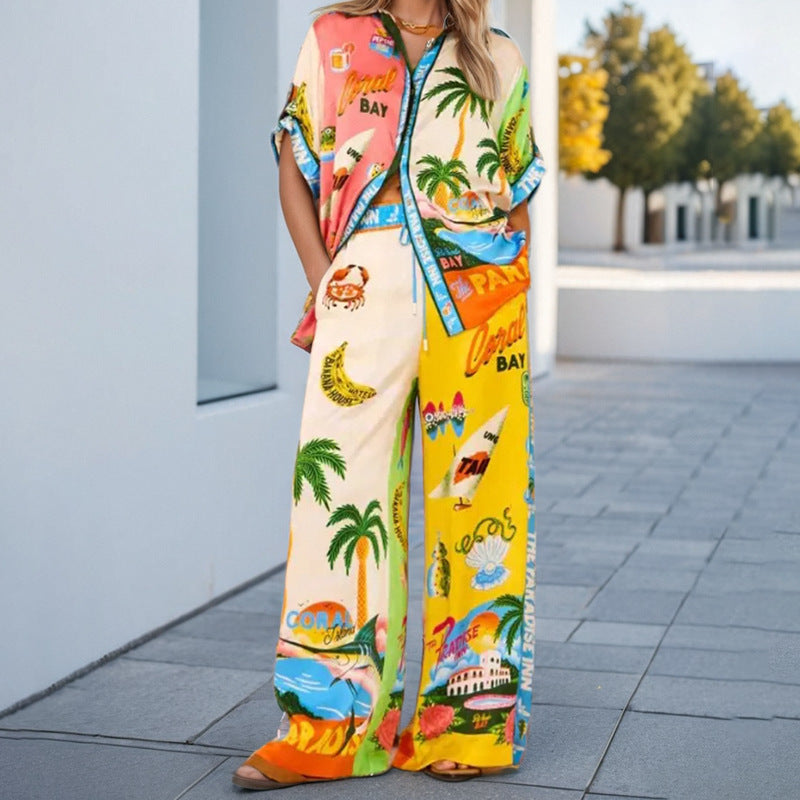 A two-piece casual women's set with printed and color-blocked designs, tight waist pockets and wide legs