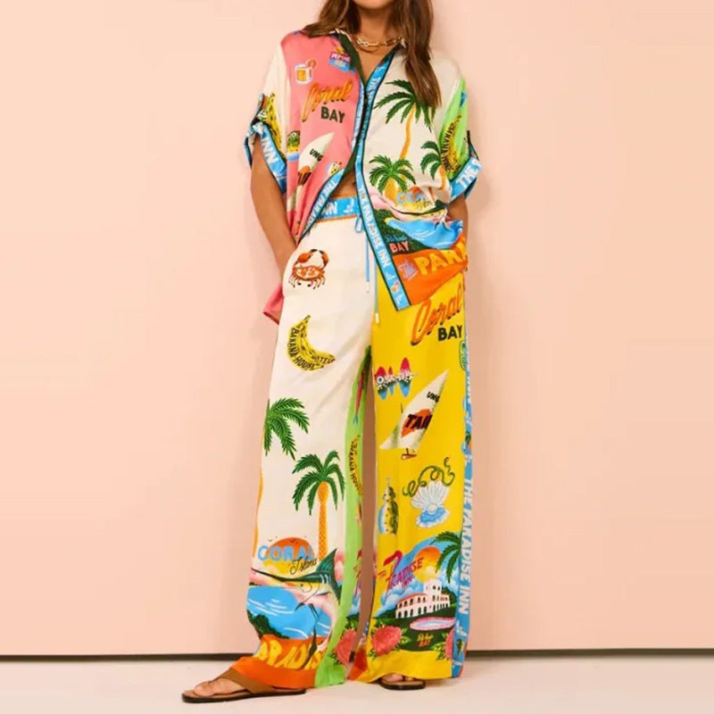 A two-piece casual women's set with printed and color-blocked designs, tight waist pockets and wide legs