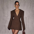 Women's autumn and winter solid-color deep V-neck cinched waist false pocket elegant suit dress for women