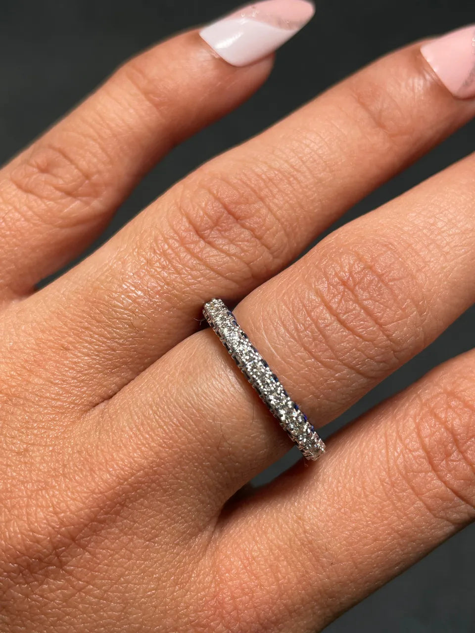 18K Gold Elegant Three Sided Diamond (Natural) Full Eternity Wedding Band Blue Sapphire Accents Wedding Anniversary Ring