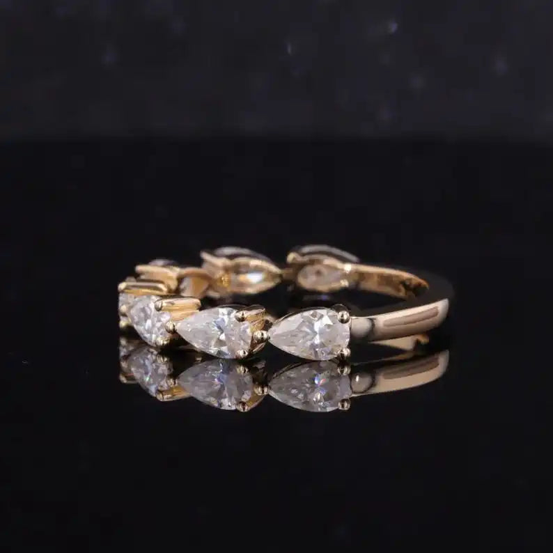 14K Yellow Gold 7 Stone Ring Pear Cut Lab Grown Diamond Anniversary Half Band Ring Promise Bridal Fine Gift For Wedding Jewelry
