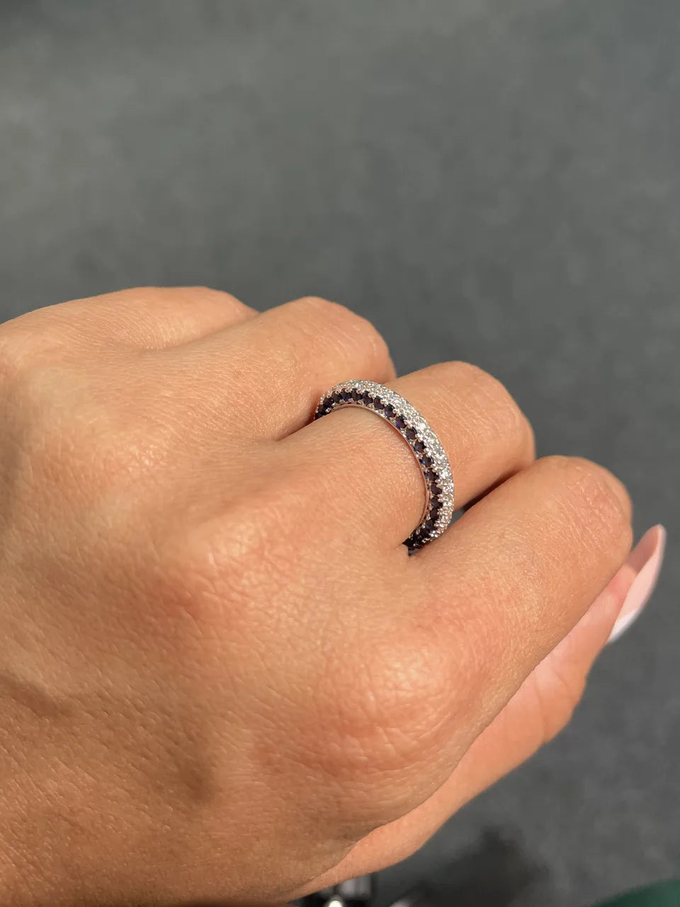 18K Gold Elegant Three Sided Diamond (Natural) Full Eternity Wedding Band Blue Sapphire Accents Wedding Anniversary Ring