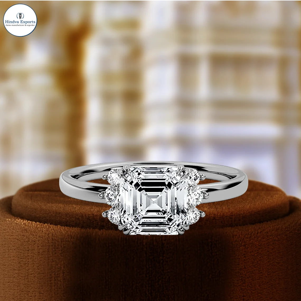 IGI Certified Lab Grown CVD Diamond 1CT Engagement Ring Asscher Cut Side Three Stone Wedding Ring 14K Rose Gold Minimalist Ring