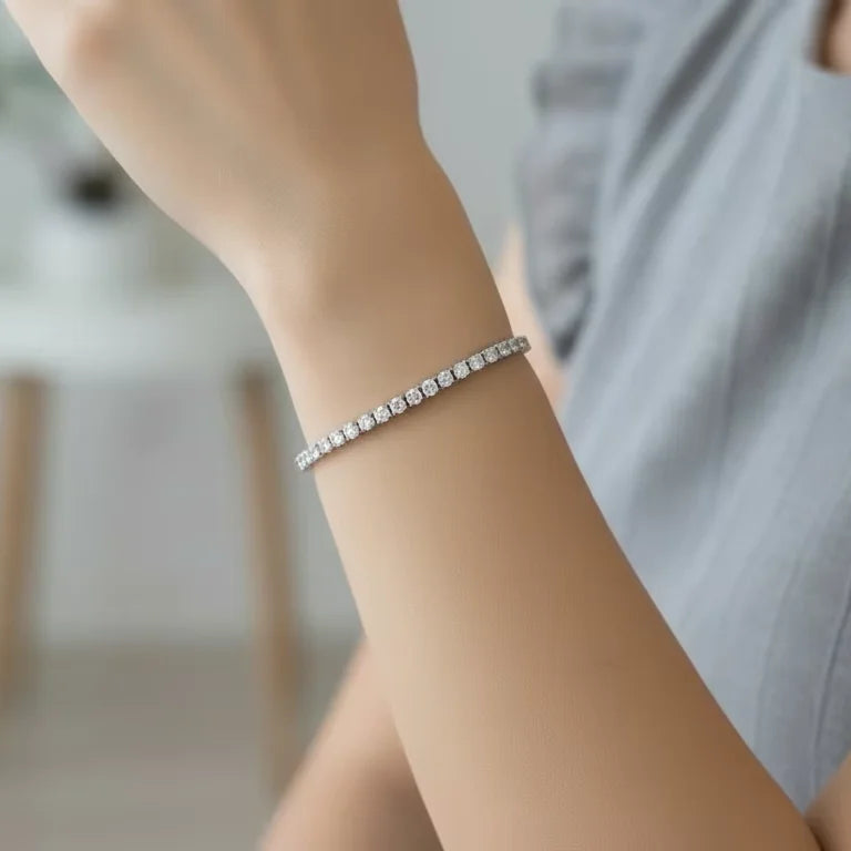 14K Gold & Natural Classic Rose Gold 40 Diamond Rhodium Plated Luxury Round Line Bracelet for Women's