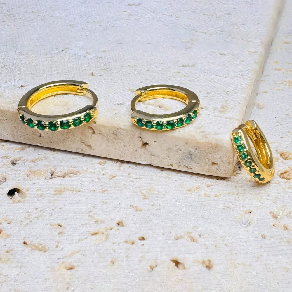3Pcs Set Small Emerald Green CZ Hoops Huggie Stackable Earrings for Women, Hypoallergenic 14K Gold Plated Dainty Cartilage Helix