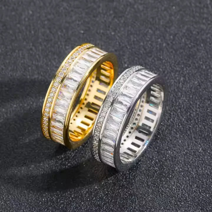 18K Gold Plated Eternity Band Ring with Emerald Cut Cubic Zirconia Luxury Unisex Wedding Band