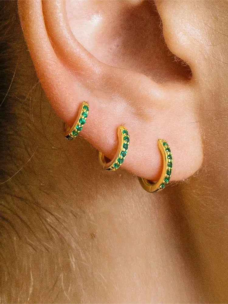 3Pcs Set Small Emerald Green CZ Hoops Huggie Stackable Earrings for Women, Hypoallergenic 14K Gold Plated Dainty Cartilage Helix