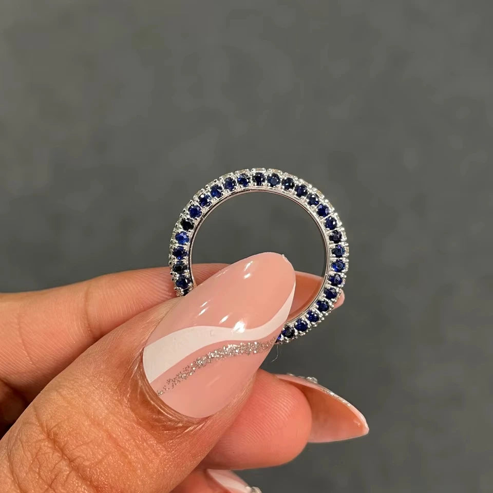 18K Gold Elegant Three Sided Diamond (Natural) Full Eternity Wedding Band Blue Sapphire Accents Wedding Anniversary Ring