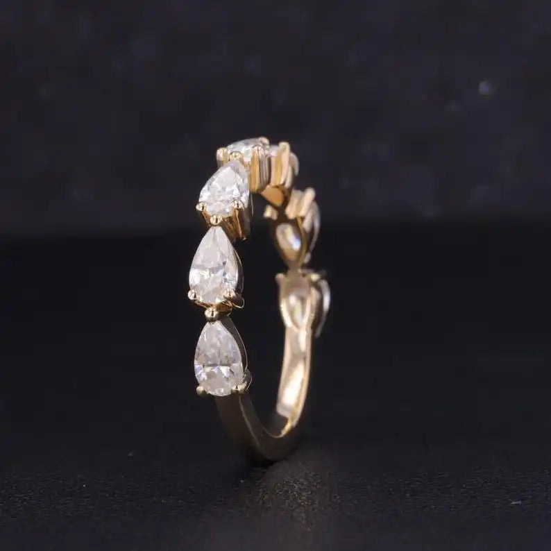 14K Yellow Gold 7 Stone Ring Pear Cut Lab Grown Diamond Anniversary Half Band Ring Promise Bridal Fine Gift For Wedding Jewelry