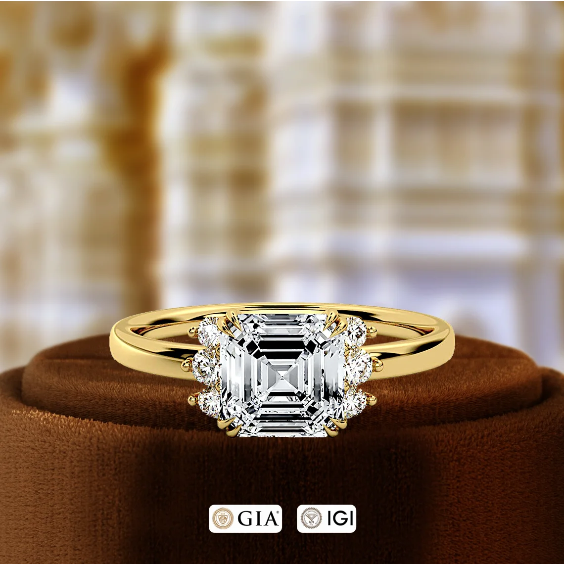 IGI Certified Lab Grown CVD Diamond 1CT Engagement Ring Asscher Cut Side Three Stone Wedding Ring 14K Rose Gold Minimalist Ring