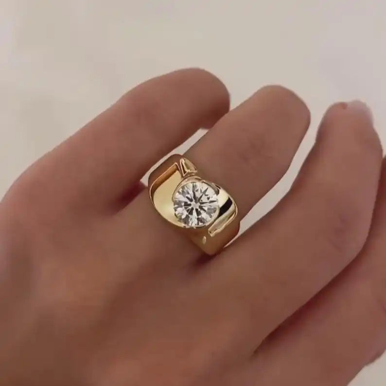 Luxury 14K Solid Gold 1.52CT Round Cut Lab Grown Diamond Wide Band Ring Romantic Proposal Gift For Partner Birthday Jewelry