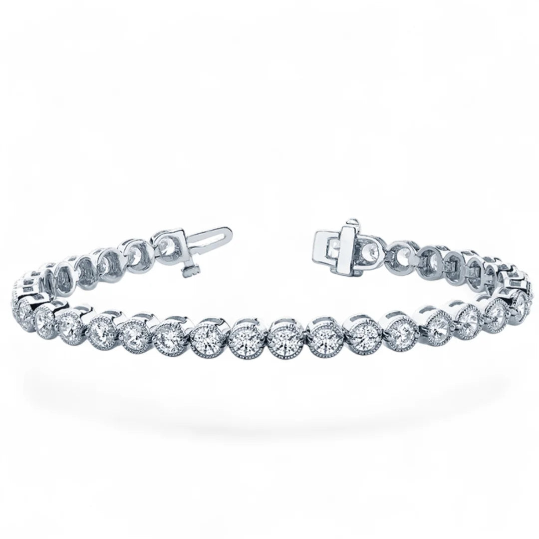 Platinum Premium Milgrain Bezel Set Round Cut Tennis Bracelet