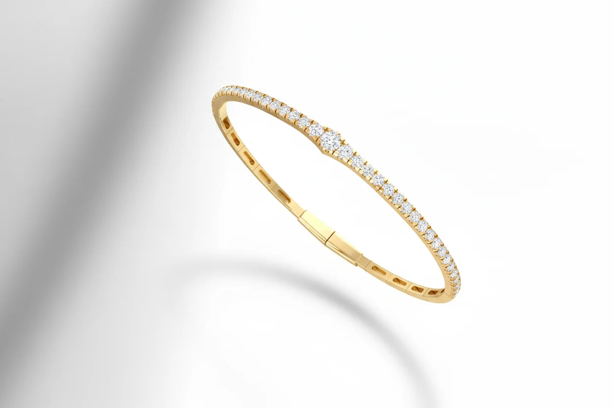 Women's 14K Gold 39 Natural Diamonds Round Brilliant Cut Rhodium Plated IGI Certified Trendy 13.05g Glimmer Flexible Bangle