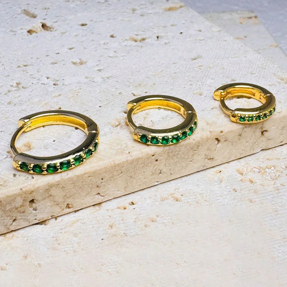 3Pcs Set Small Emerald Green CZ Hoops Huggie Stackable Earrings for Women, Hypoallergenic 14K Gold Plated Dainty Cartilage Helix