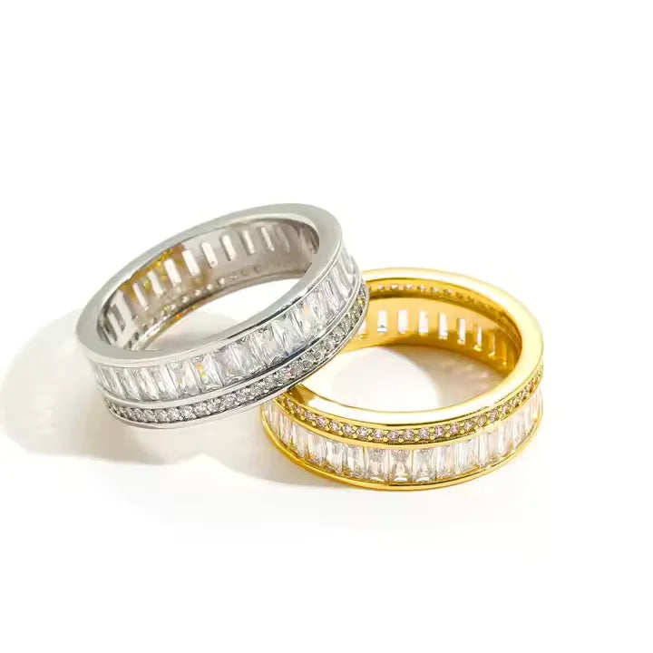 18K Gold Plated Eternity Band Ring with Emerald Cut Cubic Zirconia Luxury Unisex Wedding Band