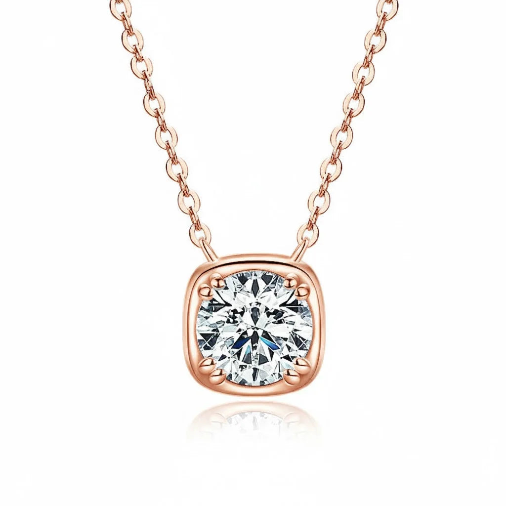 Square Double Claw Bezel Brilliant Cut 925 Silver Moissanite 8mm 2.00 Carat Solitaire Pendant Engagement Women's Link Necklace
