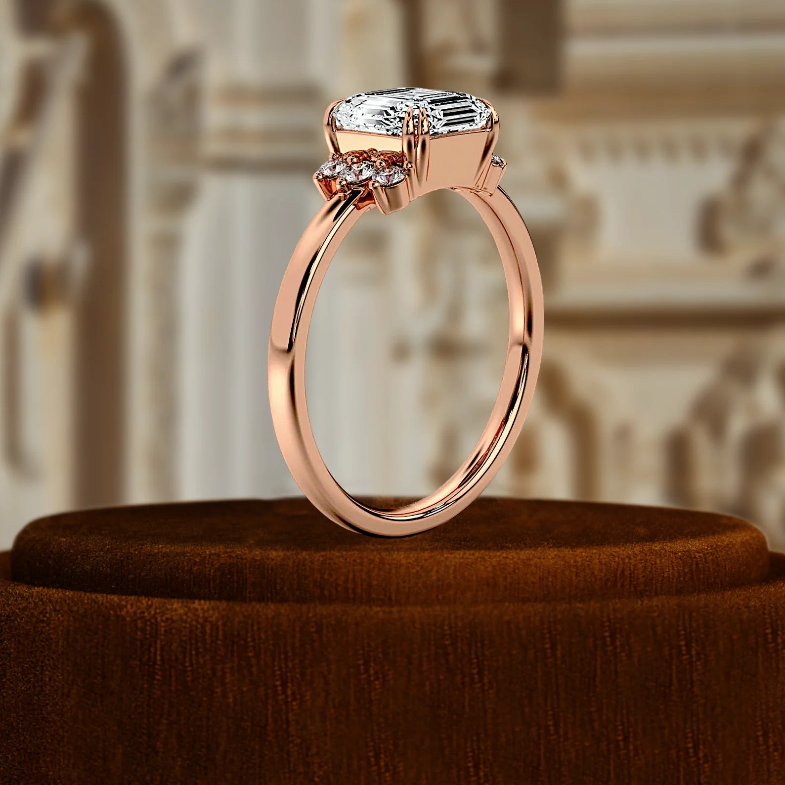 IGI Certified Lab Grown CVD Diamond 1CT Engagement Ring Asscher Cut Side Three Stone Wedding Ring 14K Rose Gold Minimalist Ring