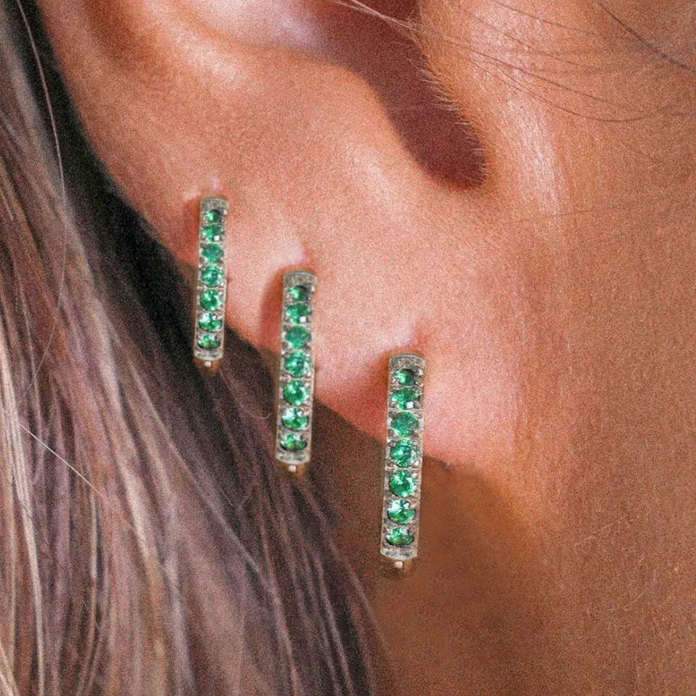 3Pcs Set Small Emerald Green CZ Hoops Huggie Stackable Earrings for Women, Hypoallergenic 14K Gold Plated Dainty Cartilage Helix