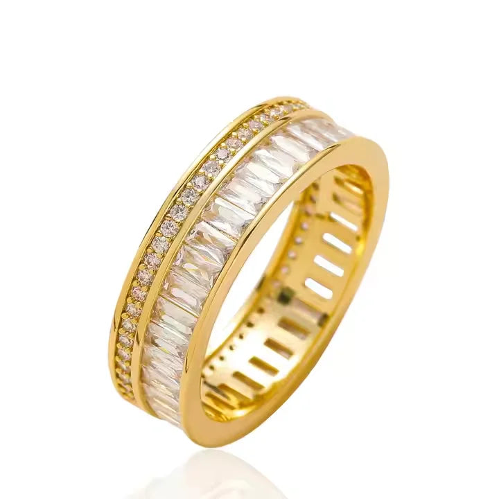 18K Gold Plated Eternity Band Ring with Emerald Cut Cubic Zirconia Luxury Unisex Wedding Band