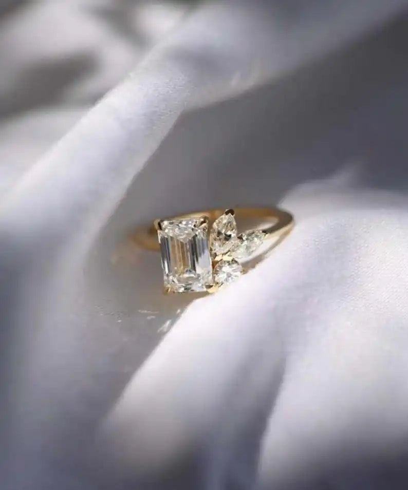 1.51CT Emerald Marquise Pear Round Cut Cluster Ring 14K Yellow Gold Fine Promise Anniversary Wedding Gift Jewelry For Partner