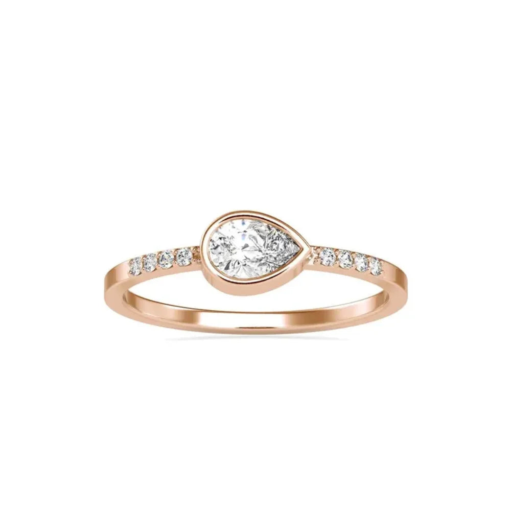 1ct Pear Shape Lab Grown Diamond Bezel Set East-to-West Solitaire Engagement Wedding Ring IGI Certified 14K Gold Women's Fine