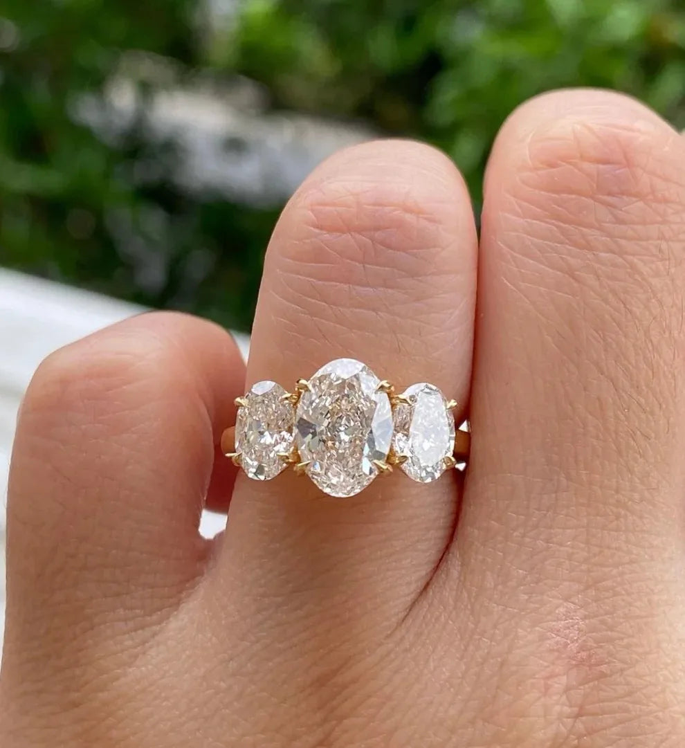 Women's Ethnic 2.50 Ct Oval Cut Moissanite Silver Yellow Gold Pave Setting Wedding Ring Three Stone Engagement IGI Anniversary