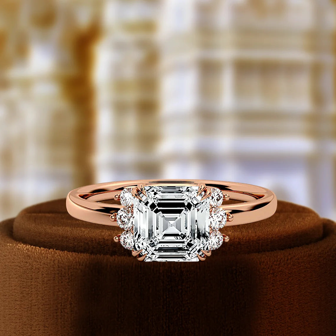 IGI Certified Lab Grown CVD Diamond 1CT Engagement Ring Asscher Cut Side Three Stone Wedding Ring 14K Rose Gold Minimalist Ring