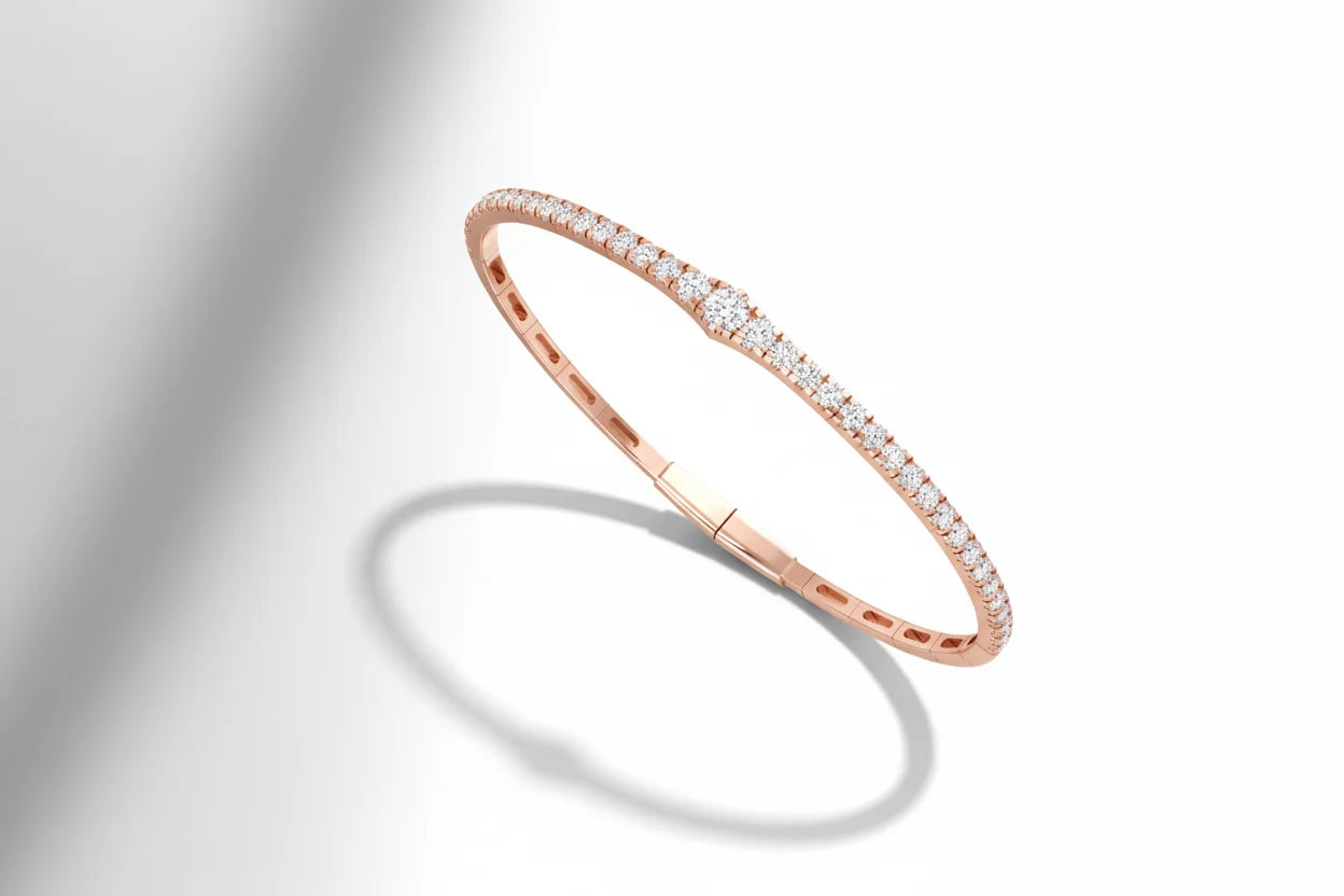 Women's 14K Gold 39 Natural Diamonds Round Brilliant Cut Rhodium Plated IGI Certified Trendy 13.05g Glimmer Flexible Bangle