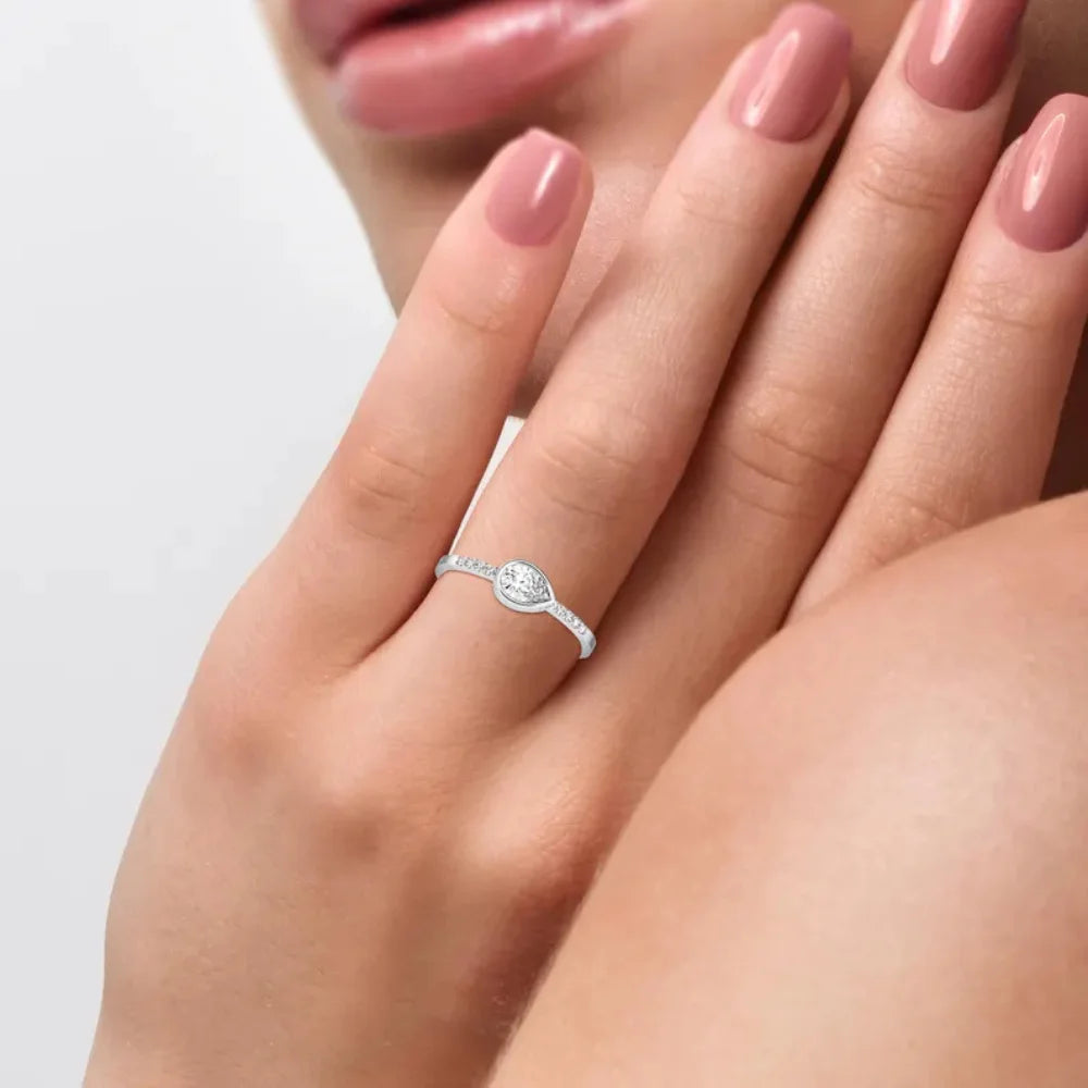 1ct Pear Shape Lab Grown Diamond Bezel Set East-to-West Solitaire Engagement Wedding Ring IGI Certified 14K Gold Women's Fine