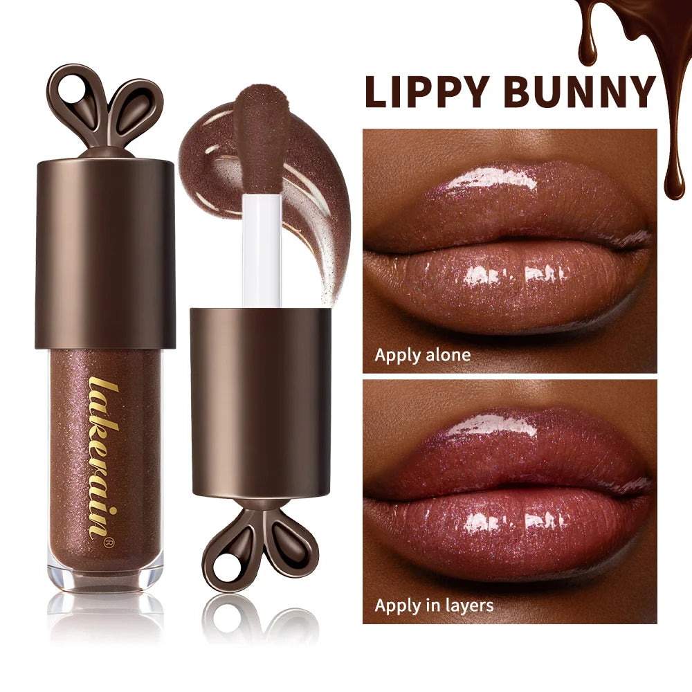 LIPPY BUNNY Plump Lips Chocolate Glow Moisturizing Lip Gloss with Bunny Keychain Lip Stain Cosmetics Makeup