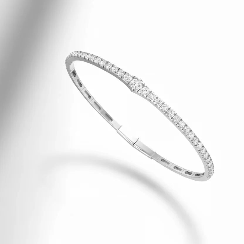 Women's 14K Gold 39 Natural Diamonds Round Brilliant Cut Rhodium Plated IGI Certified Trendy 13.05g Glimmer Flexible Bangle