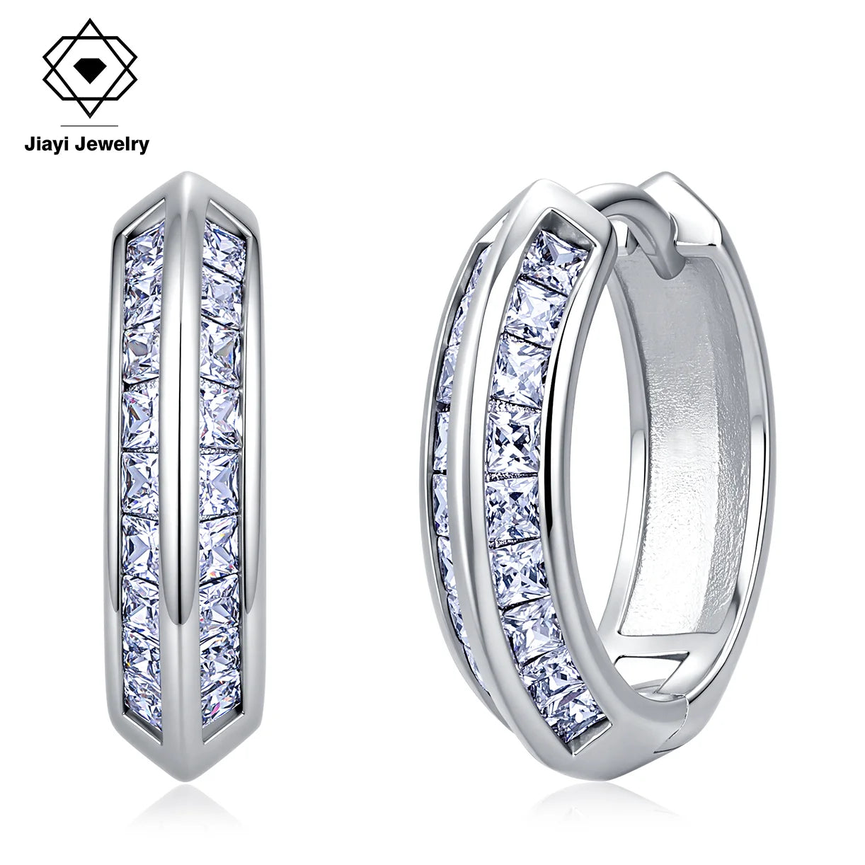 2.2 CTW Huggie Hoop Earrings S925 Sterling Silver Double Row Princess Cut Moissanite Hypoallergenic Women Fine Jewelry