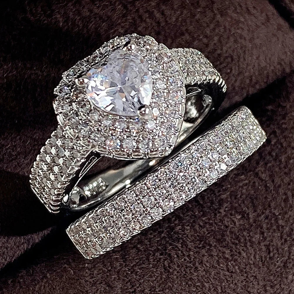 Q109 Heart Shape Bridal Jewelry Set Women's Pear Cut Crystal Rhinestone Pave Setting Luxury Engagement Ring Set