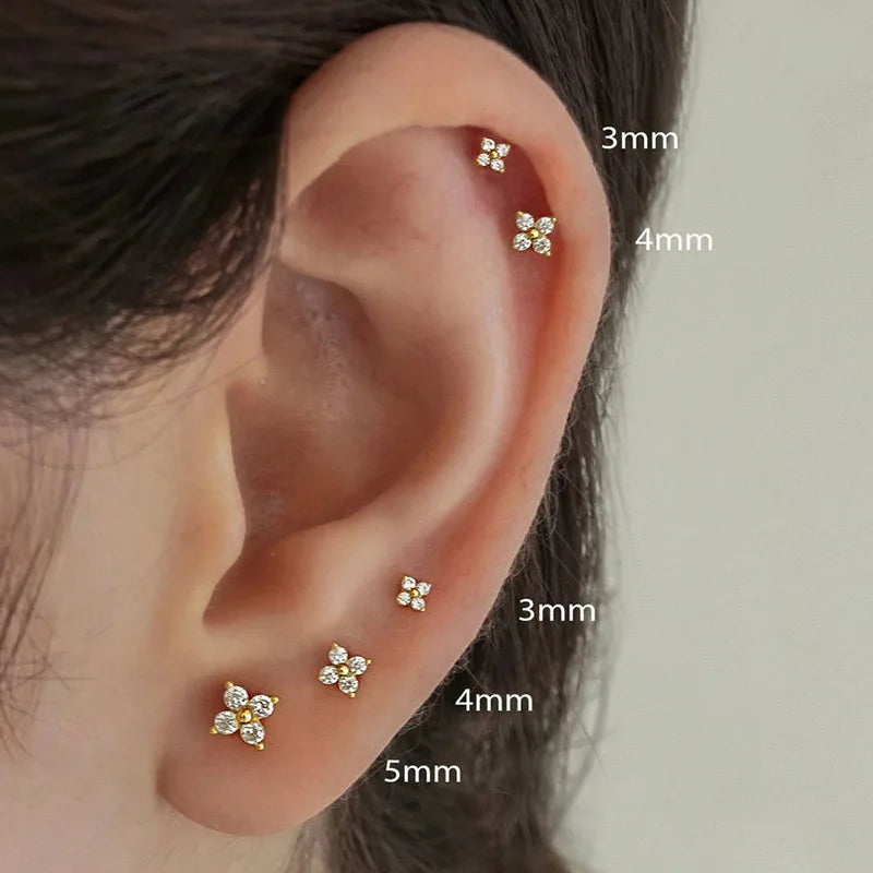 E3409 White Gold Stud Earrings 3mm Flower Diamond Classic Women's Jewelry