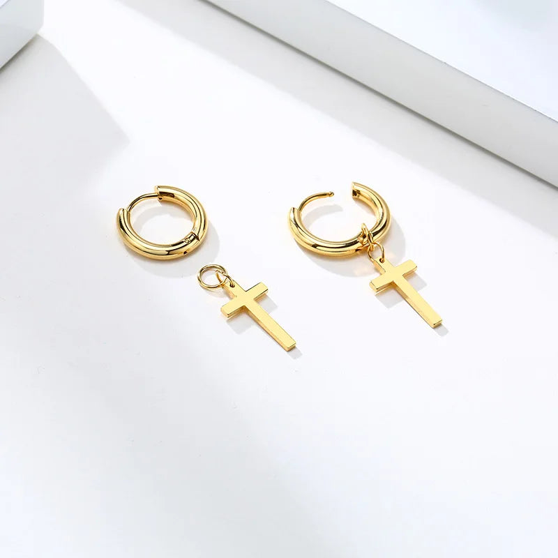Dainty Minimalist Gold Color Dangling Cross Shaped Charm Huggie Pierced Hoop Earrings For Guy Men Women Jewelry