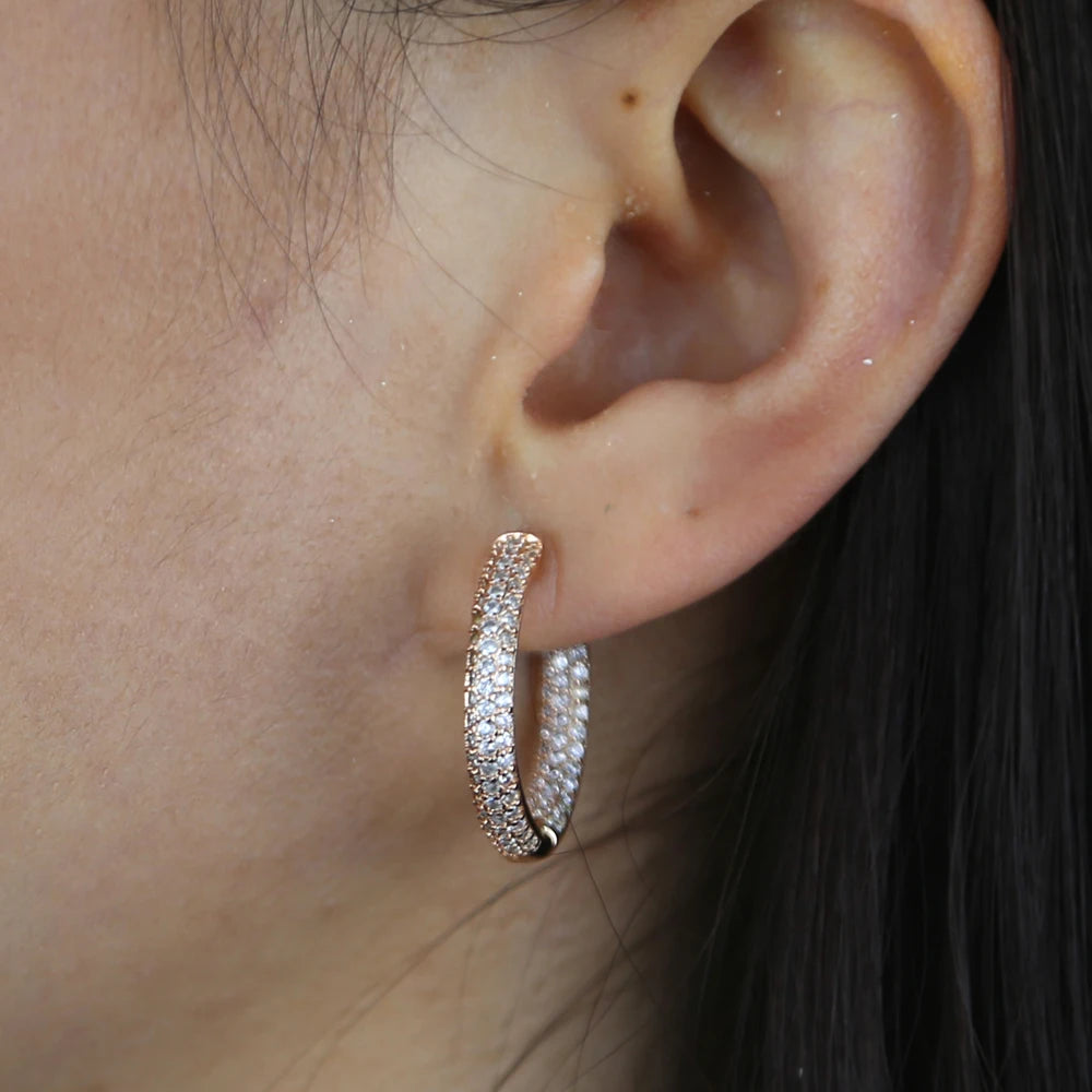 25MM Medium Sized Huggie Hoop Earring Rose Gold Silver Colors Full Micro Pave 5A CZ Iced Out Women Hoops