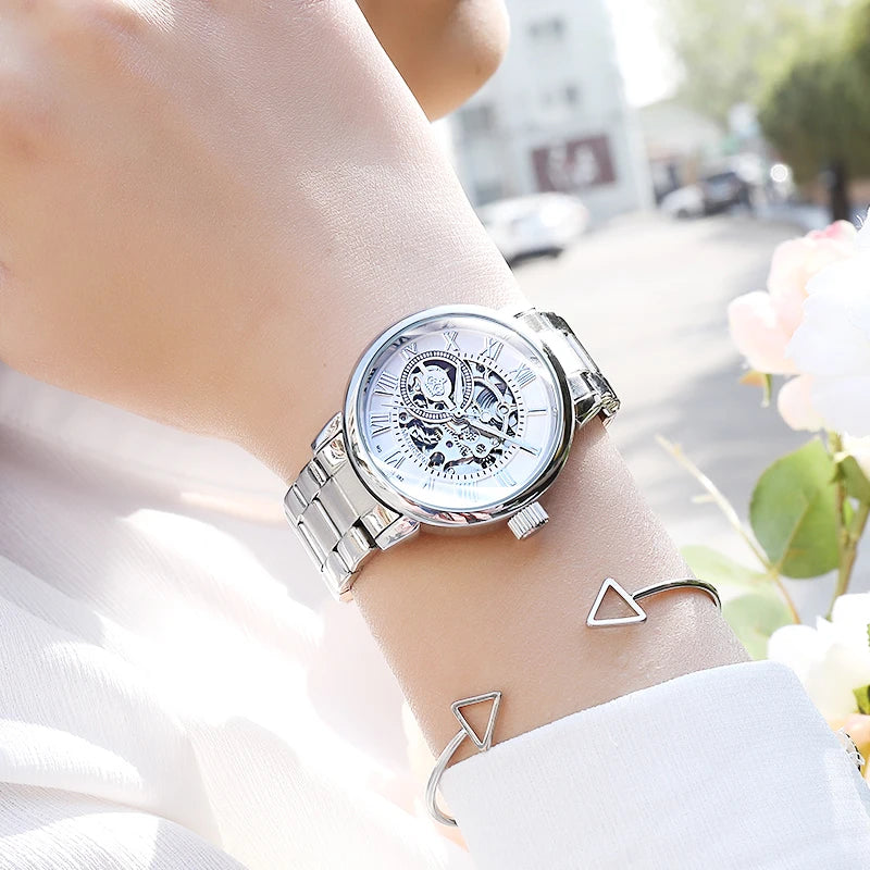 ORKINA Silver Skeleton Women's Watch Stainless Steel Fashion Ladies Mechanical Watches Female Automatic Self-Wind Wristwatches