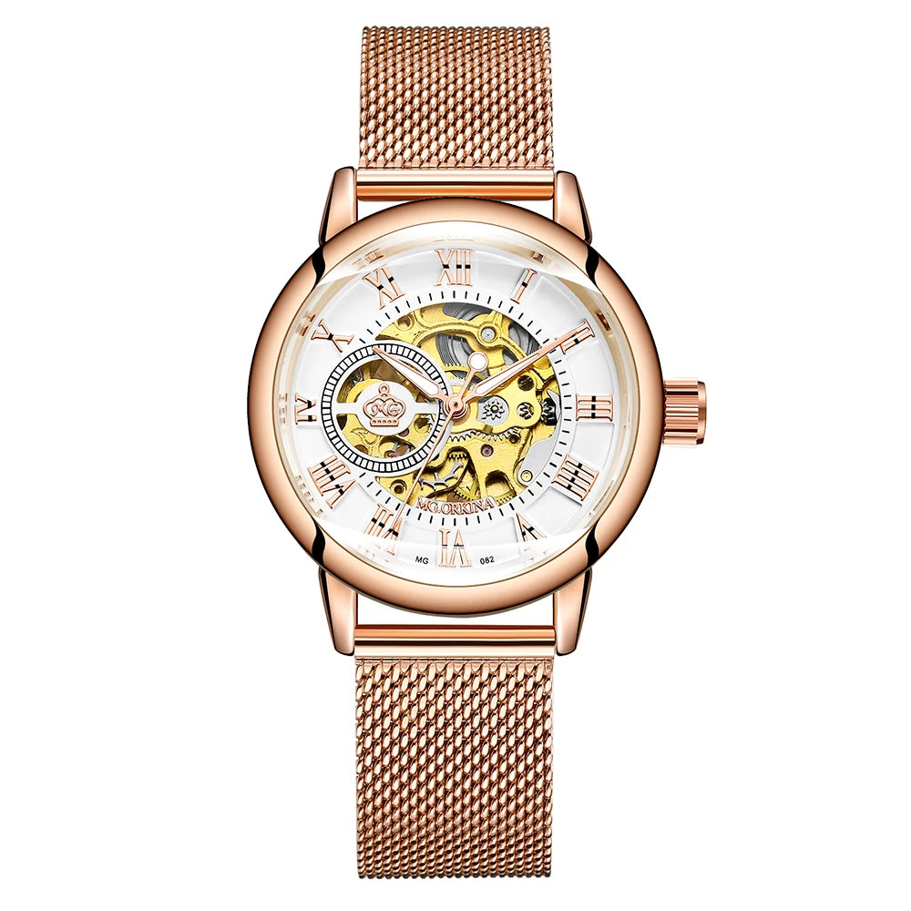 ORKINA Silver Skeleton Women's Watch Stainless Steel Fashion Ladies Mechanical Watches Female Automatic Self-Wind Wristwatches