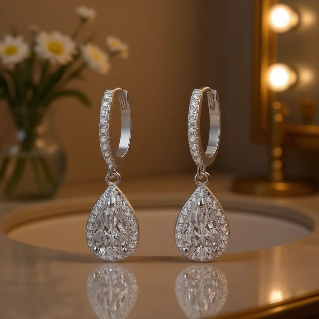 White Gold Pear Cut Zircon Drop Earrings Rhodium Plated Women's Wedding Classic Fashion Jewelry