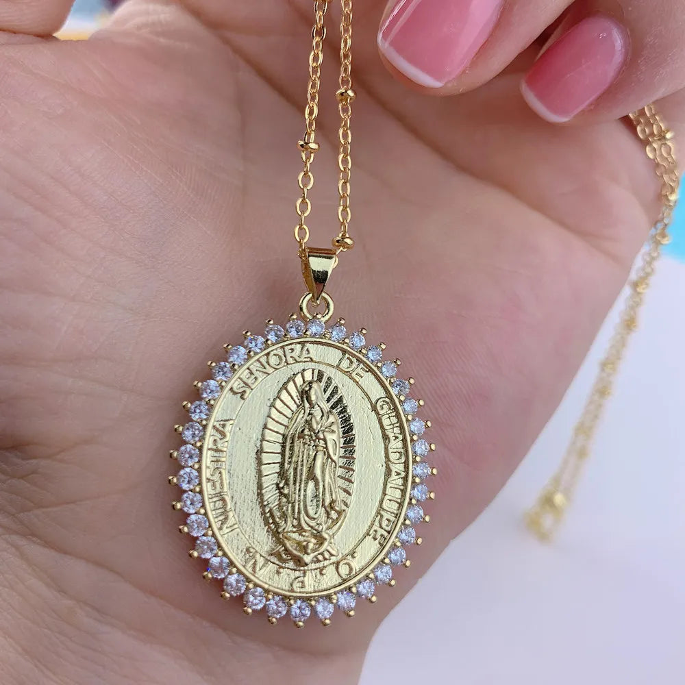 Dainty Metal Zircon Oval Virgin Mary Pendant Necklace For Women Festival Gifts Jewelry