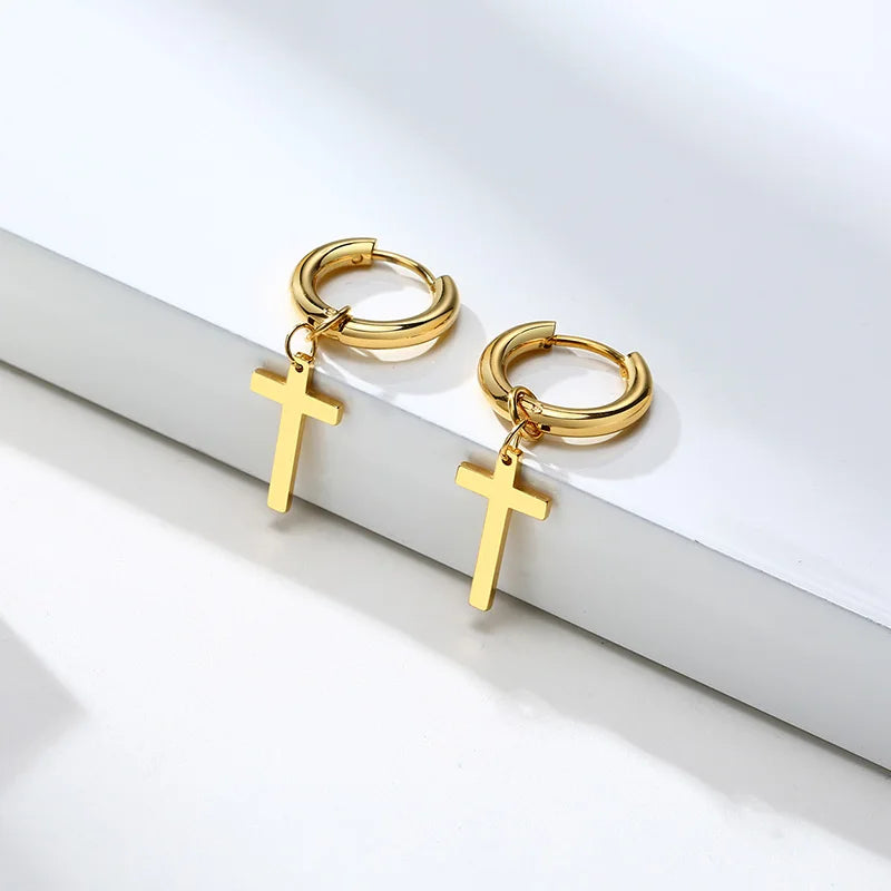 Dainty Minimalist Gold Color Dangling Cross Shaped Charm Huggie Pierced Hoop Earrings For Guy Men Women Jewelry