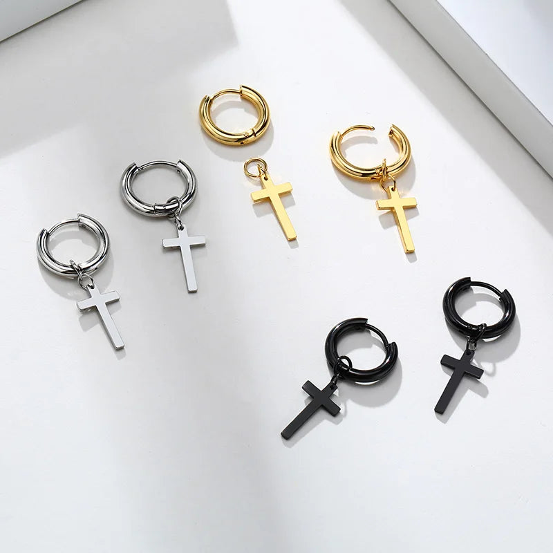 Dainty Minimalist Gold Color Dangling Cross Shaped Charm Huggie Pierced Hoop Earrings For Guy Men Women Jewelry