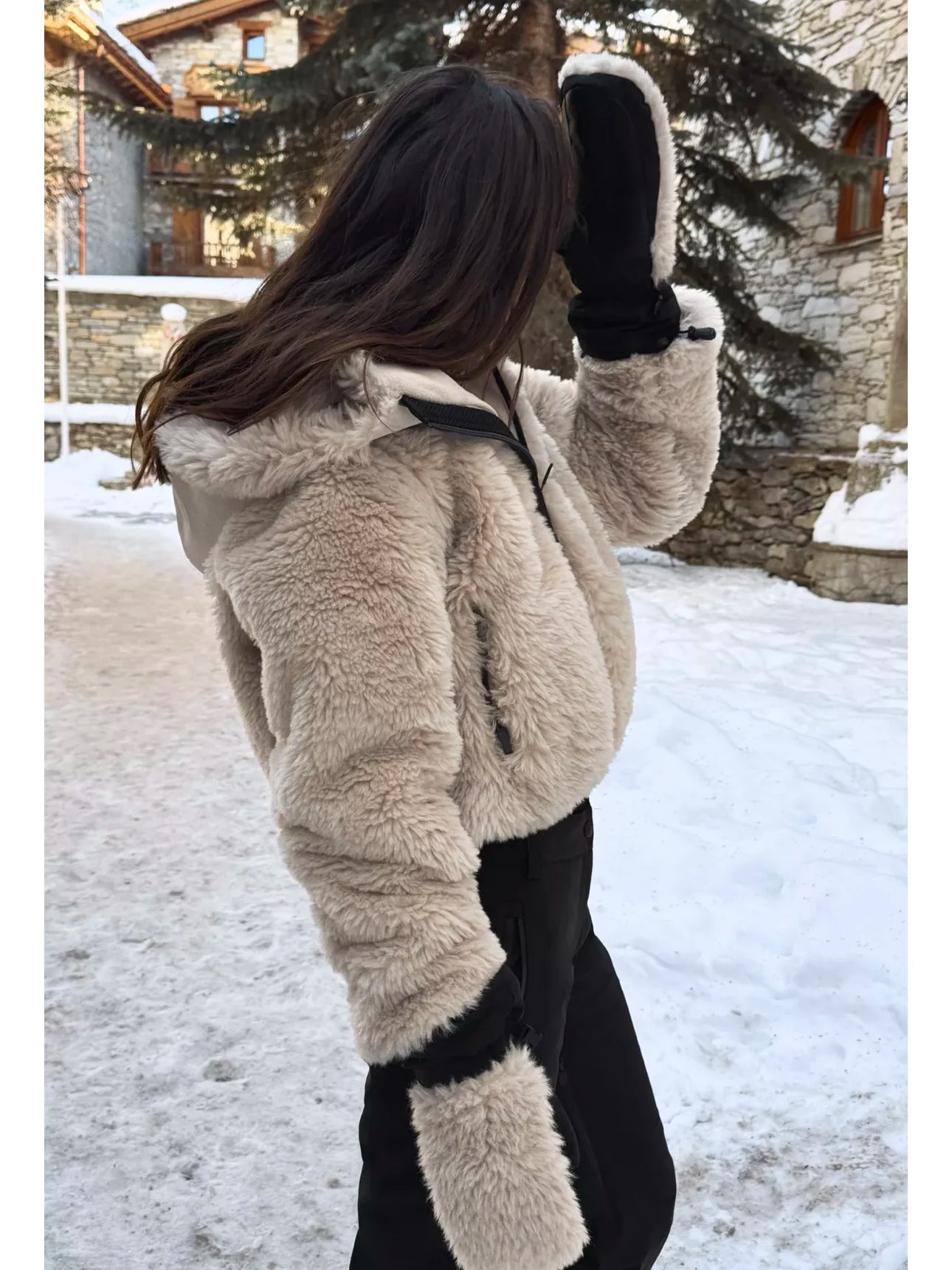 Women's Vintage Woven Faux Fur Hooded Winter Jacket with Zipper Closure in Polyester Women Skiwear Warm Coat