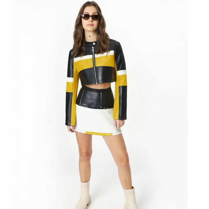 Slim Fit PU Leather Sexy Long Sleeve  Short Motorcycle  Crop Coat Autumn Outerwear Streetwear Leather Jacket