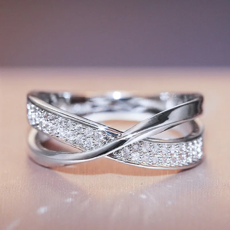Classic Female Ring 925 Sterling Silver Two Tone X Shape Cross Rings For Women Infinite Dazzling Zircon Wedding Rings Anillos
