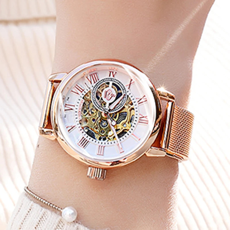 ORKINA Silver Skeleton Women's Watch Stainless Steel Fashion Ladies Mechanical Watches Female Automatic Self-Wind Wristwatches